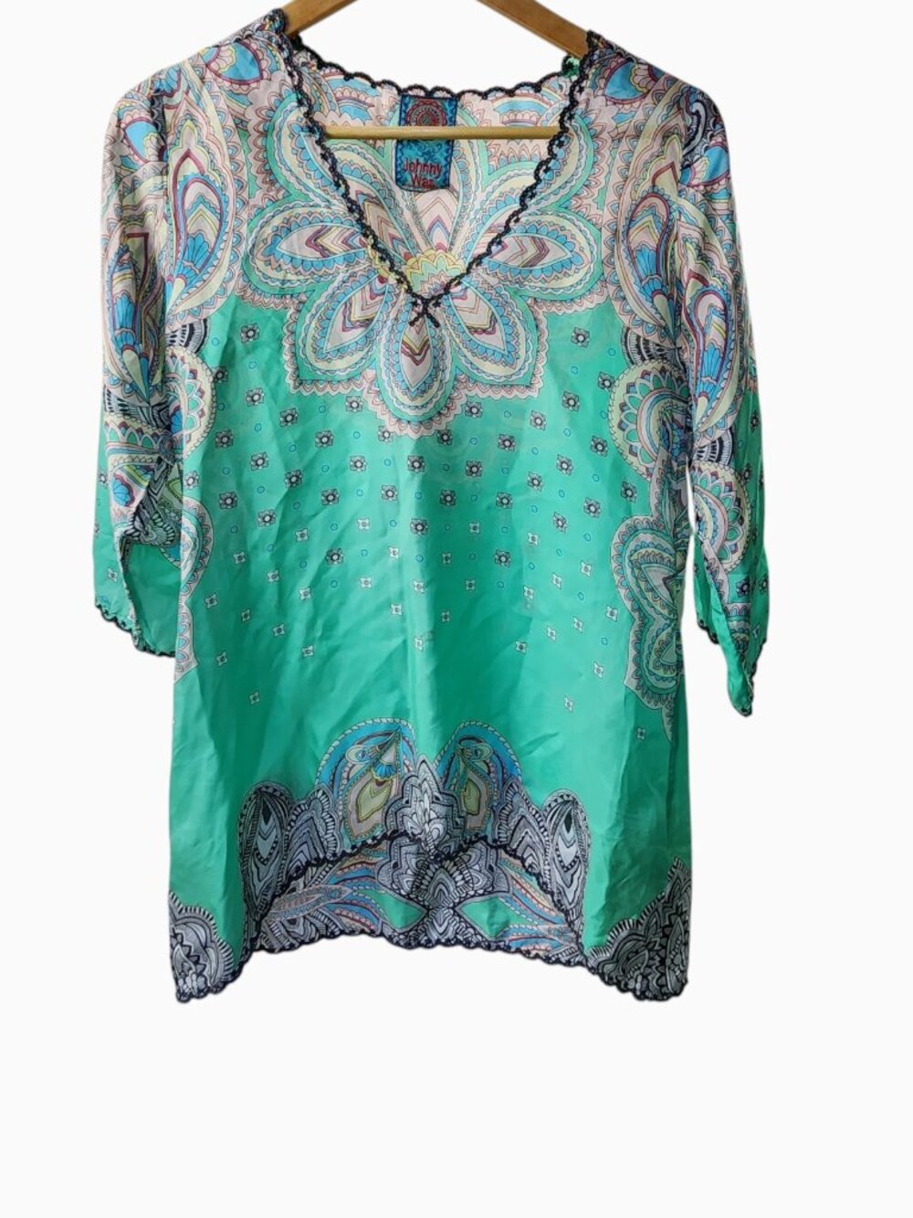 Johnny Was Silk Paisley Boho Top Teal Embroidered Trim V‑Neck • Small